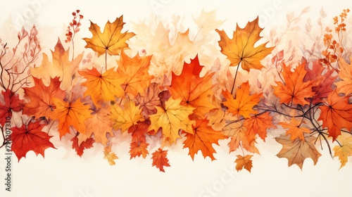 Watercolor of fall foliage  maple and oak leaves in a range of fiery colors  Thanksgiving seasonal backdrop on white