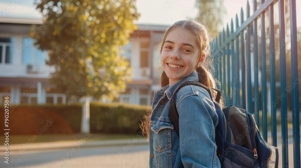 Cheerful young student with backpack at school entrance, ready to learn - back to school Cheerful young student with backpack at school entrance, ready to learn - back to school