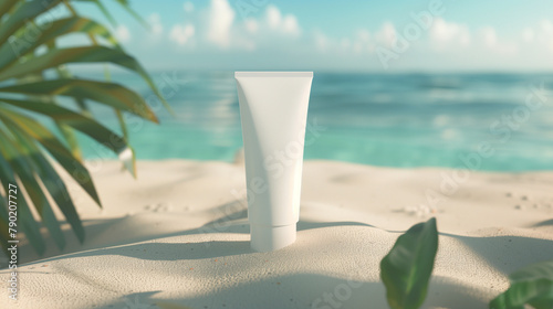Mock up product sun lotion  sunscreen  white tube of cream or cosmetic  skin care and UV protection. On the sand on a tropical beach. Blurred background  copy space.