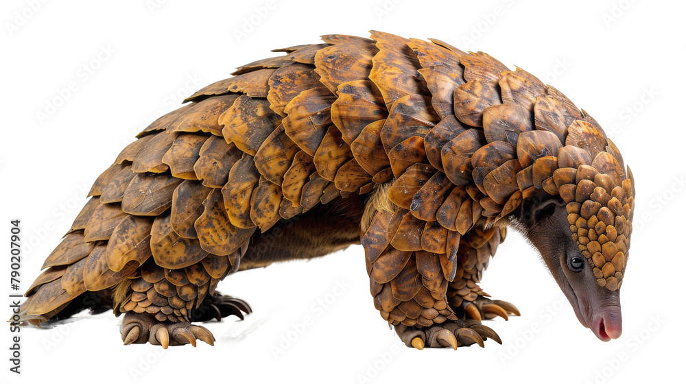 A pangolin with its distinctive overlapping scales, curled up tail, and pointed snout against a white background. A pangolin with its distinctive overlapping scales, curled up tail, and pointed snout against a white background.