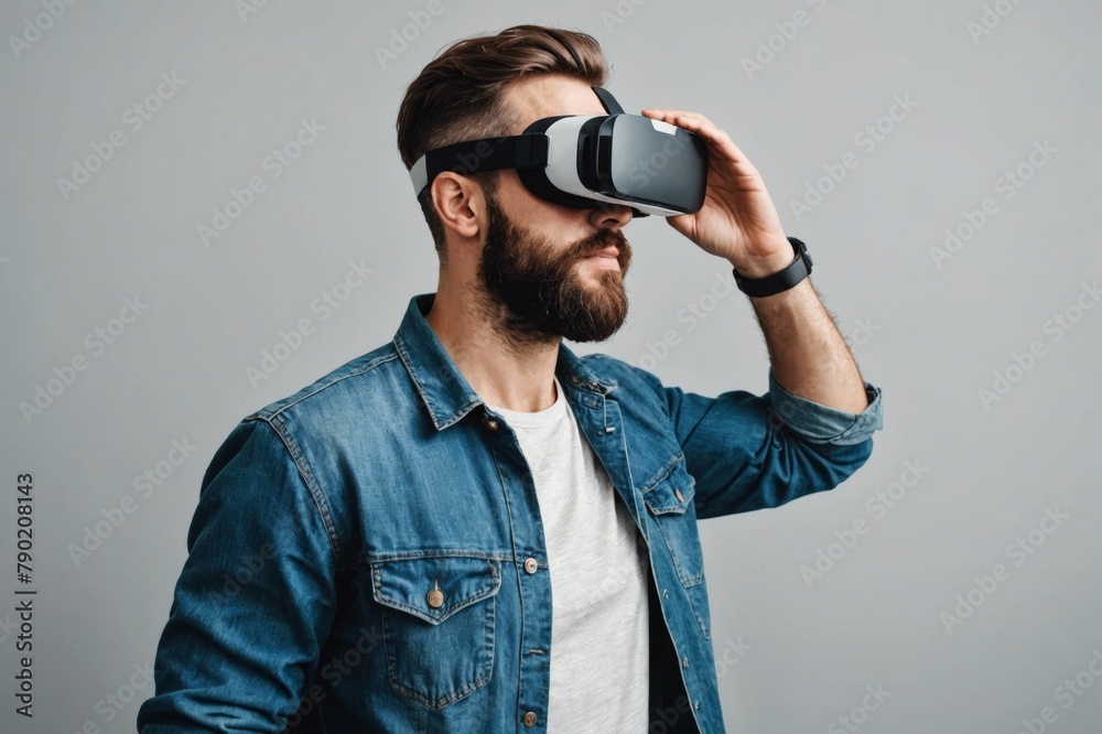 Side view confident bearded male in casual clothes experiencing virtual reality using goggles against wall Side view confident bearded male in casual clothes experiencing virtual reality using goggles against wall