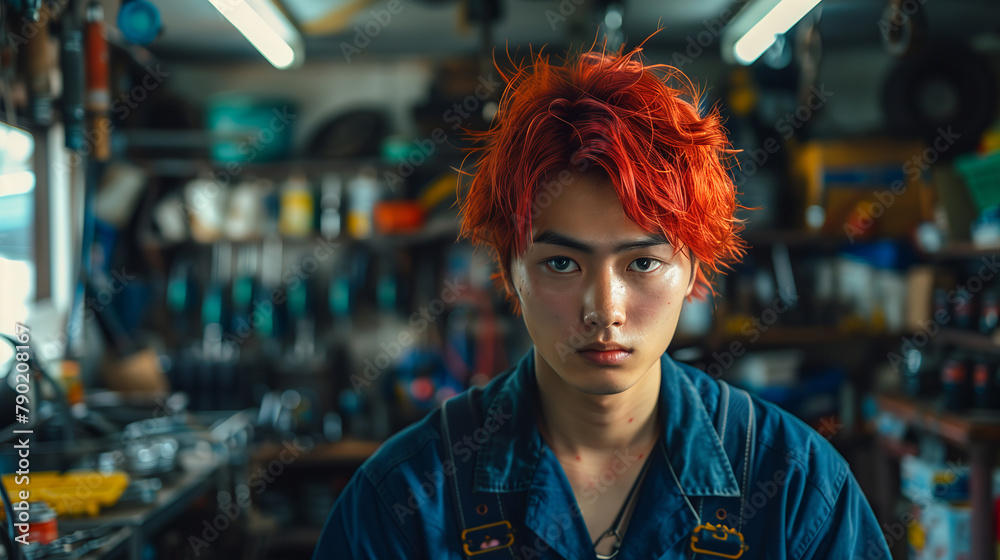 Young Mechanic with Fiery Red Hair and Steely Gaze in Cluttered Workshop Young Mechanic with Fiery Red Hair and Steely Gaze in Cluttered Workshop