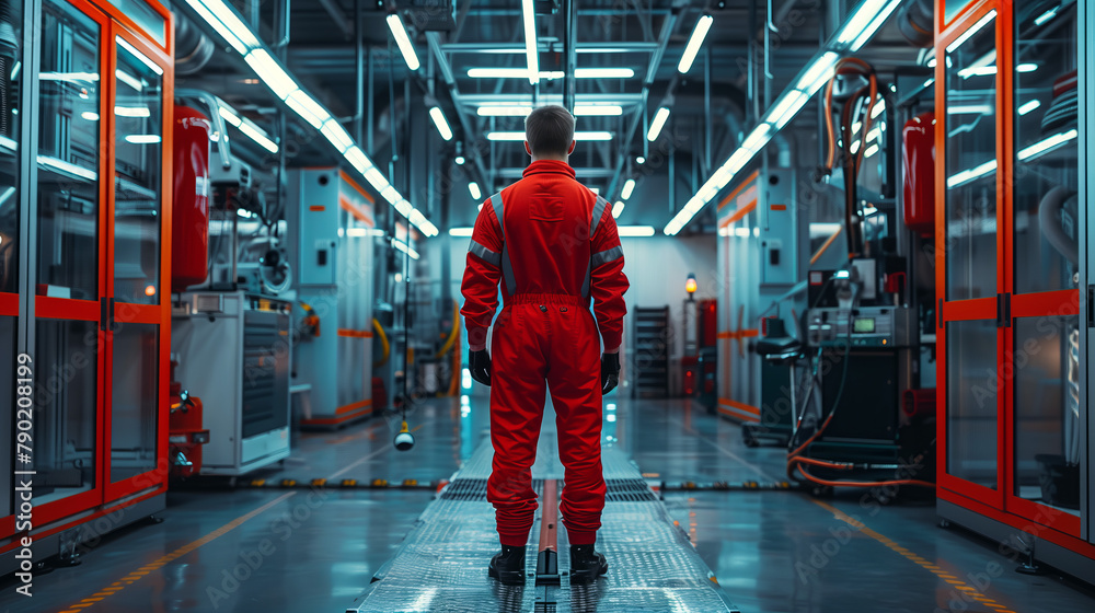 Obraz premium Engineer in Red Overalls Observing Modern Industrial Facility