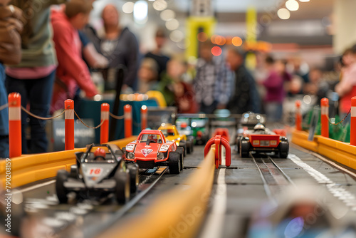 Captivating View of a Pinewood Derby Race in Full Swing: Order, Anticipation, and Excitement © Eugene