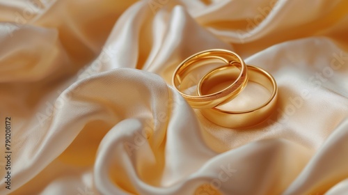 Two golden engagement rings on tender pastel peach color silk wedding service background