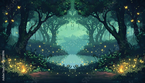 Illustrate a mirror image of a mystical forest scene in digital pixel art  featuring a symmetrical composition with glowing fireflies
