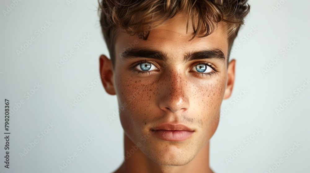 Confident Young Man with Freckles and Blue Eyes, Direct Gaze Portrait Confident Young Man with Freckles and Blue Eyes, Direct Gaze Portrait