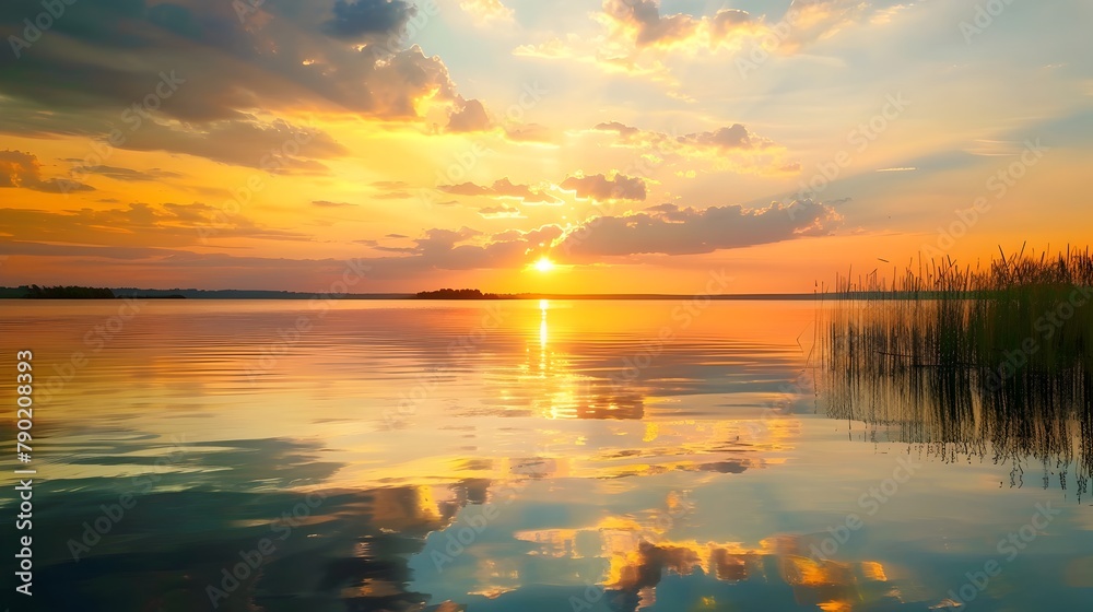 Serene Sunset Reflecting on a Tranquil Lake during a Peaceful Summer Evening
