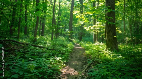 Lush Green Forest Trail with Dappled Sunlight Filtering Through Leaves Inviting Summer Adventure