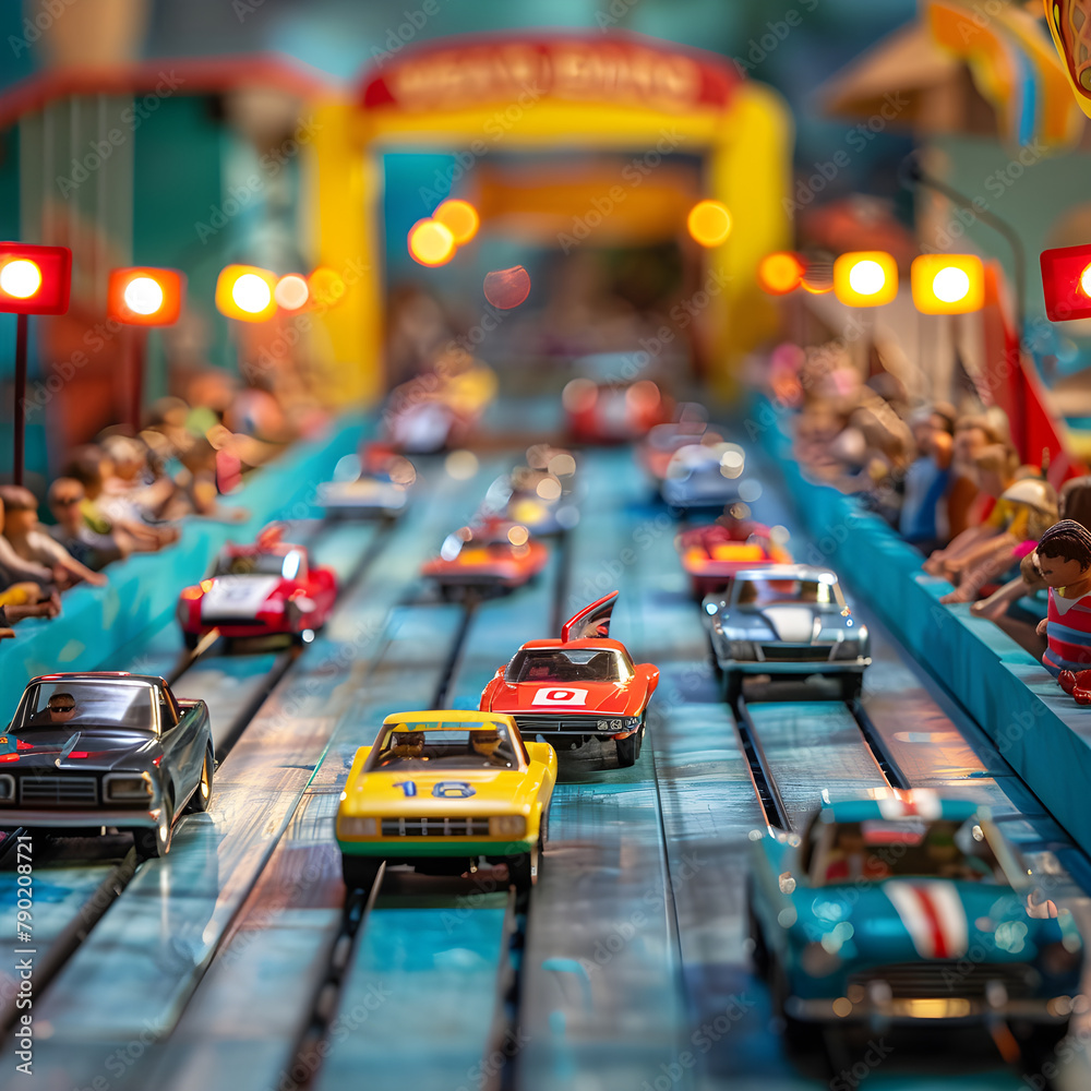 Captivating View of a Pinewood Derby Race in Full Swing: Order, Anticipation, and Excitement