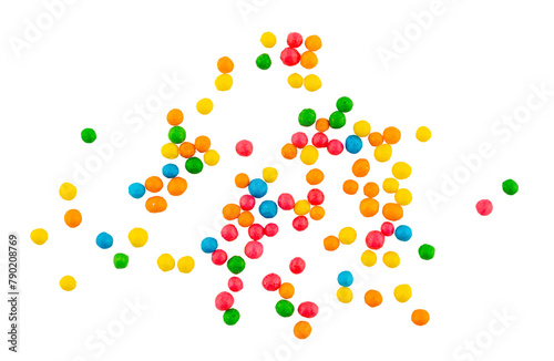 colorful sugar cake decoration balls, colorful candy splashes or confetti background, isolated on a transparent background, overlay graphic element
