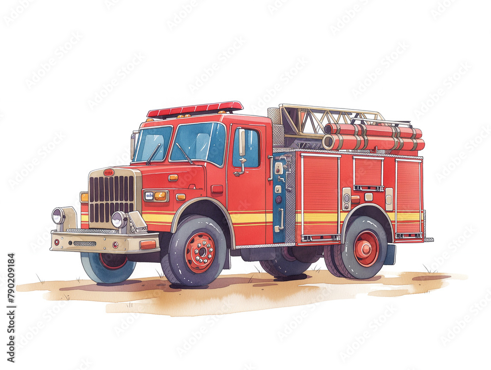 Illustration of red fire engine watercolor on white