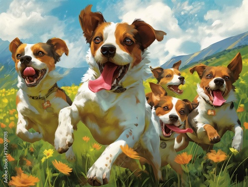 A painting of four dogs running through a field of flowers. The dogs are all smiling and seem to be enjoying themselves. The painting has a cheerful and playful mood