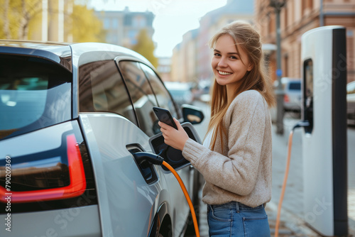 A young, joyful woman engages with her smartphone while her modern electric car is being charged at a street charging station in the city.