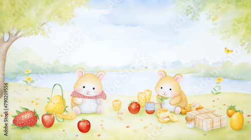 Guinea pigs in a picnic scene, watercolor food and laughter, under soft sunlight