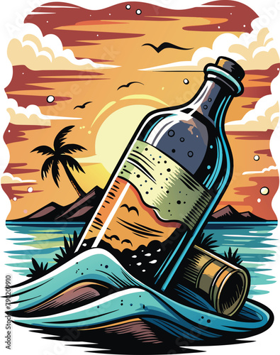 Bottle of rum on the seashore. Vector illustration.