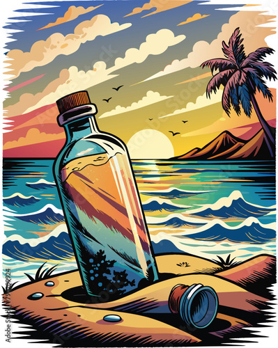 Message in the bottle on the beach at sunset. Vector illustration.