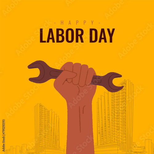 Happy Labor Day text and Hand for World Labour Day 1 May. Vector Illustration, contraction background
