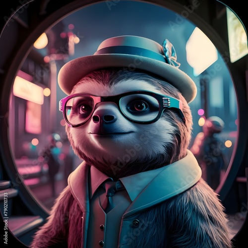 illustration of a sloth wearing glasses and hat with sophisticated looks
