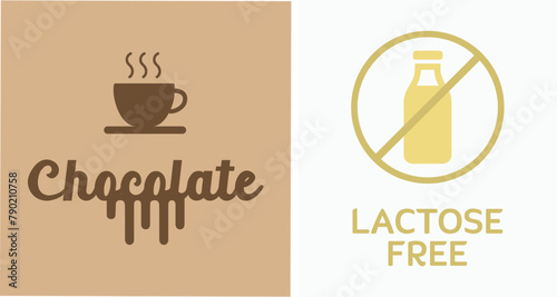 No lactose, zero milk, drinks, chocolate, sweets. Label, healthy food, health, nutrition, cooking. Vegan, plant-based milk, intolerance. Bakery, dessert, tasty. Vector Icon Illustration