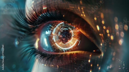 A close-up of a human eye augmented with futuristic digital enhancements, depicting a concept of advanced biotechnology and cybernetic augmentation. © Peeradontax