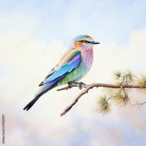 A watercolor scene of a Lilacbreasted Roller perched elegantly on an acacia branch at sunrise, vibrant colors blending into the sky photo