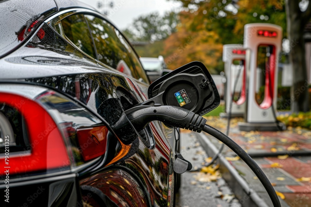 Close-up of an electric vehicle's charging port with a plugged-in cable, depicting the concept of renewable energy and the future of transportation