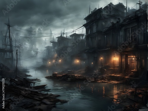 Flooded post apocalyptic town in the night.