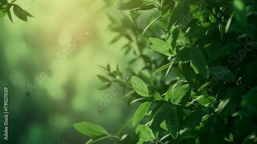 Green leaves background with bokeh. Beautiful nature scene with sunlight.