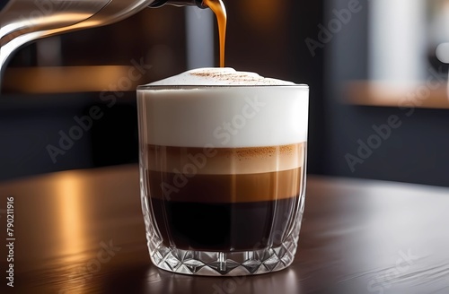 Coffee in a clear glass with milk foam 