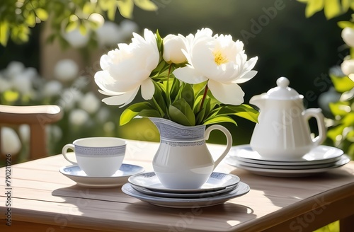 Image of a beautiful natural breakfast with coffee  glass pitcher  china plate and napkin with gorgeous white peony flowers in a vase outside.
