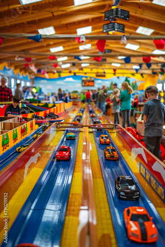 Captivating View of a Pinewood Derby Race in Full Swing: Order, Anticipation, and Excitement