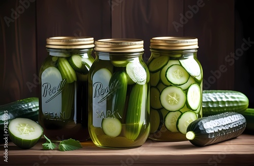 Pickling jars with fresh cucumbers on wooden table