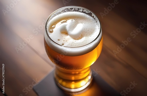 Overhead view of a glass of beer on a table