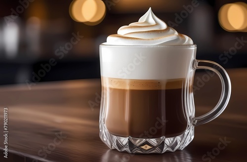 Coffee in a clear glass with milk foam 