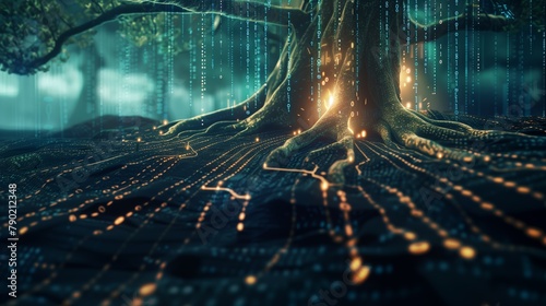 An imaginative portrayal of a majestic tree whose roots merge seamlessly with digital circuitry, symbolizing the intricate connection between nature and technology.