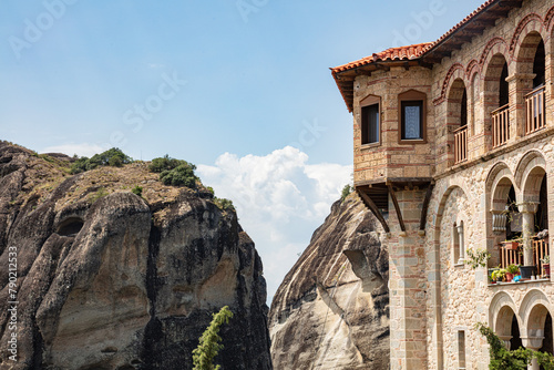 Greek monasteries details on the top of the mountain, Meteora