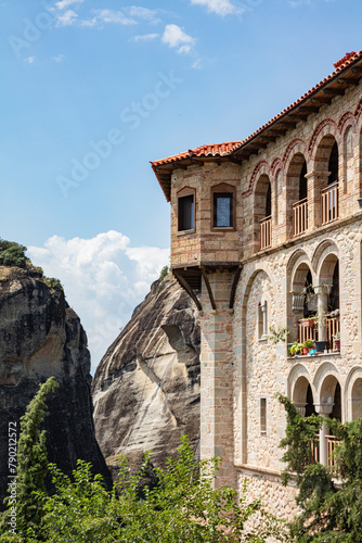 Greek monasteries details on the top of the mountain, Meteora