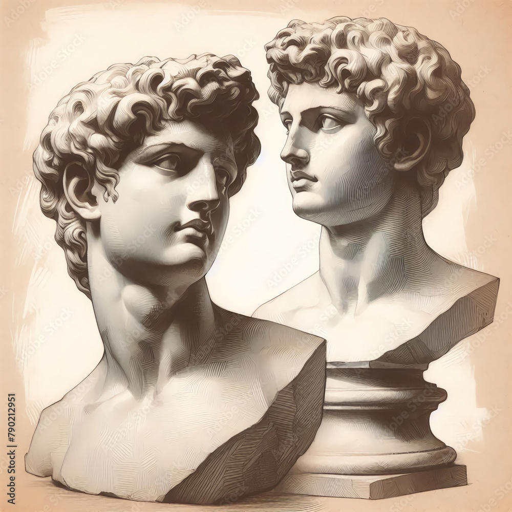 Fine Art Drawing: Rendered Graphic Depiction of an Antique Youth's Sculpted Bust