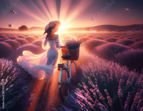 Beautiful woman with her bike in a lavender field at sunrise