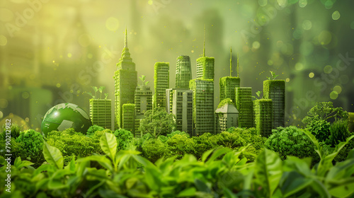 Green tea plant and cityscape background ,Model City Surrounded by Trees, 3D illustration of a modern city built with eco friendly construction materials
