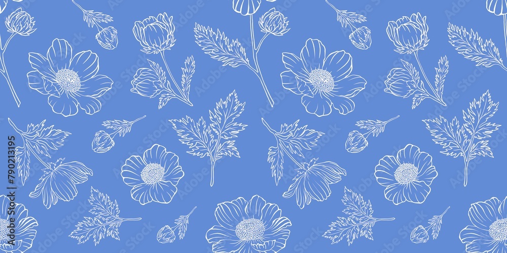 Seamless floral pattern adonis line graphic spring summer cute romantic contour - obrazy, fototapety, plakaty 