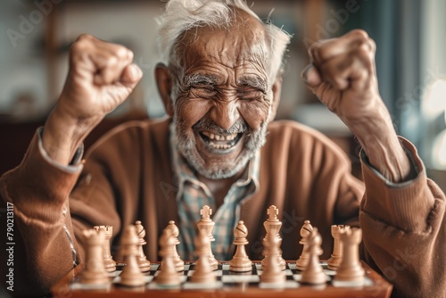 A jubilant senior man with a full white beard exults after winning a game of chess, showcasing emotions of triumph photo