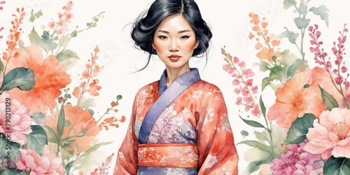 Watercolor Illustration Of Asian Woman on Flower Background