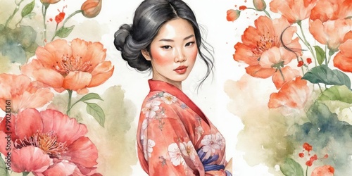 Watercolor Illustration Of Asian Woman on Flower Background