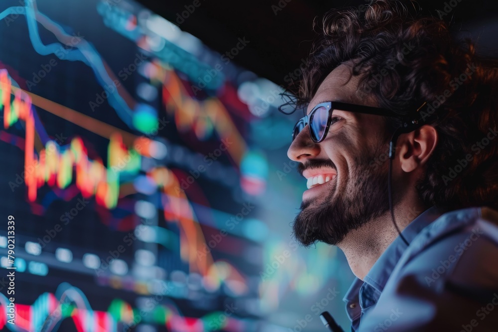 An intense image of a businessman deeply focused on multiple screens displaying complex financial market data and trends An intense image of a businessman deeply focused on multiple screens displaying complex financial market data and trends