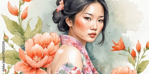 Watercolor Illustration Of Asian Woman on Flower Background