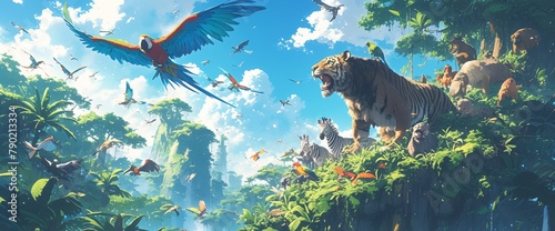 A jungle scene with animals, parrots, and zebras and other wildlife. photo