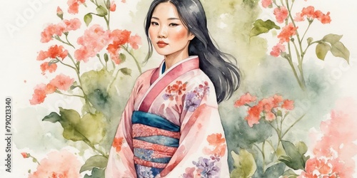 Watercolor Illustration Of Asian Woman on Flower Background
