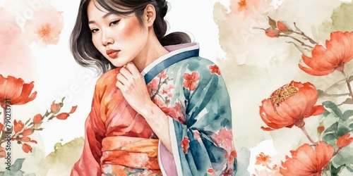 Watercolor Illustration Of Asian Woman on Flower Background